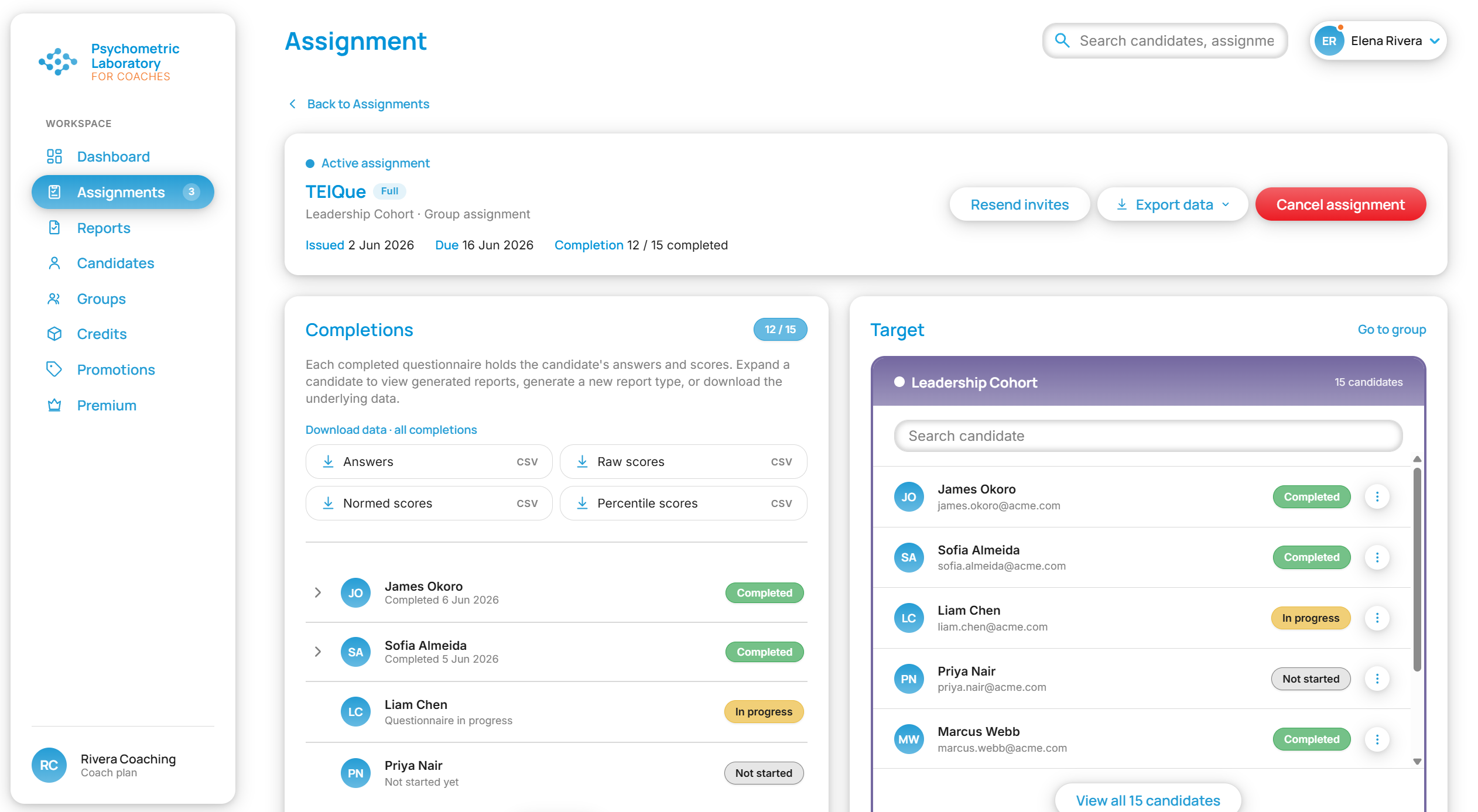 Assignment view — completions and target group